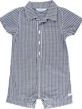 Button-Front Gingham Baby Romper - Navy/White